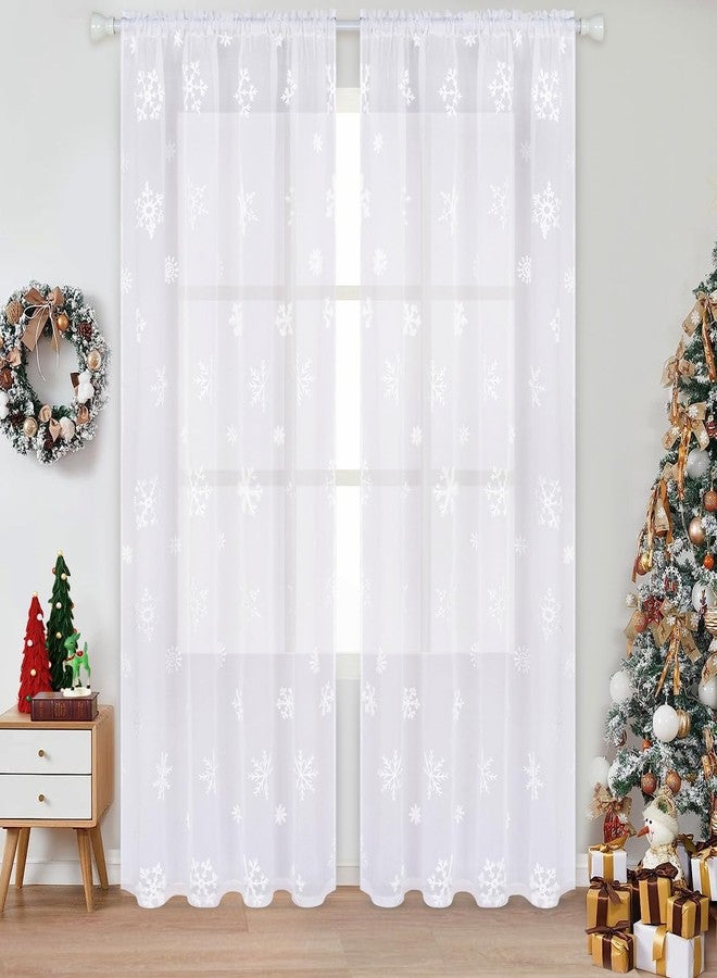 FRAMICS Christmas Sheer Curtains 84 Inch Length Embroidered Snowflake Window Curtains for Living Room Sheer Christmas Curtains Rod Pocket White Window Curtains for Winter, 52" W x 84" L, 2 Panels - Image 1